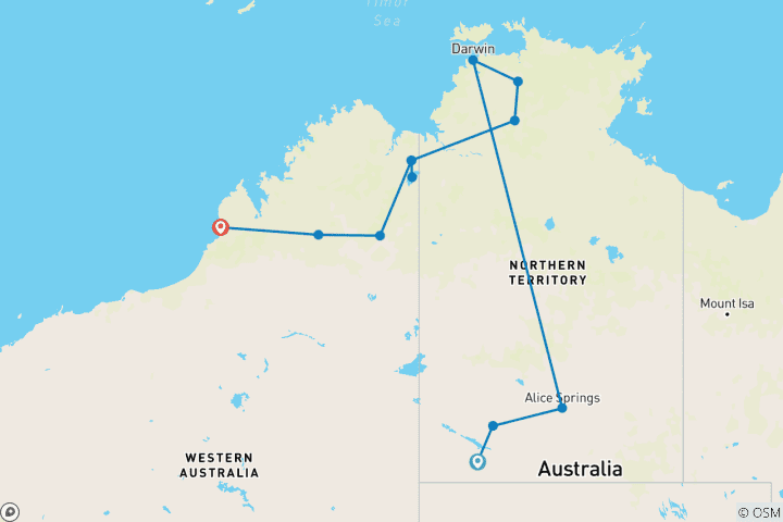 Map of Territory Explorer & The Kimberley 2025 - 21 Days (24 destinations)