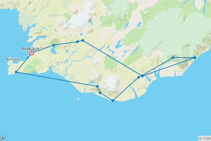 Map of Volcanoes & the Golden Circle - 4 days