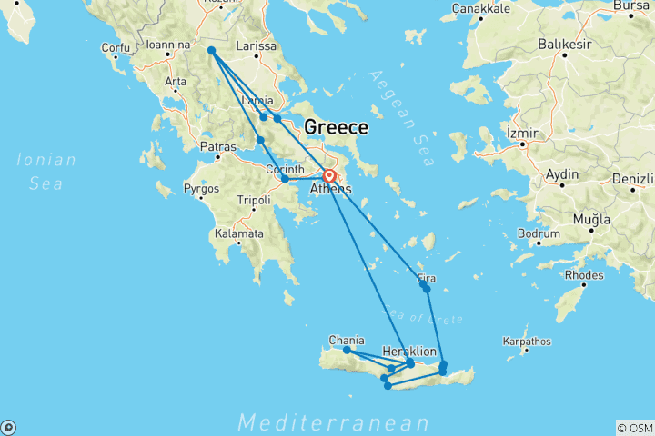 Kaart van Athene, Noord-Griekenland en Heraklion (21 bestemmingen)