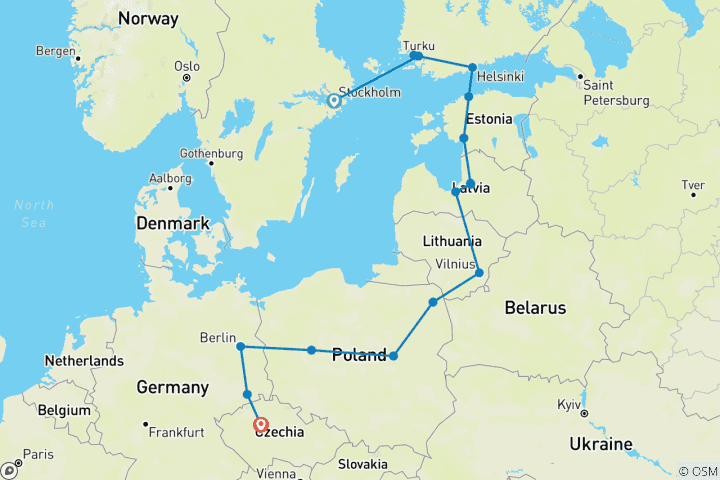 Map of Baltic Capitals End Prague (16 destinations)