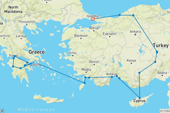 Map of Athens, Peloponnese and Amazing Turkey (22 destinations)