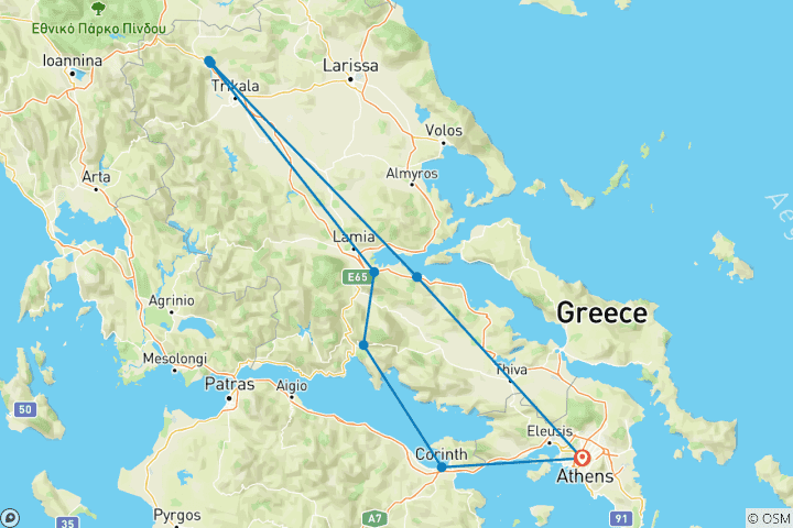 Map of Athens and Northern Greece with Meteoras (including Plaka)