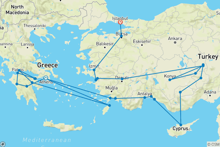 Mapa de Atenas, Peloponeso y Turquía (29 destinations)