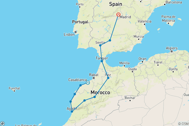 Map of Atlantic Morocco, Seville and Madrid (12 destinations)