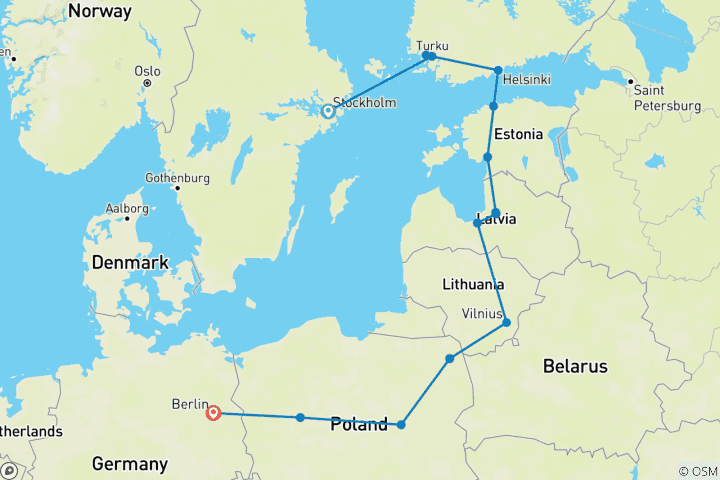 Carte du circuit Les capitales baltes terminent Berlin (14 destinations)