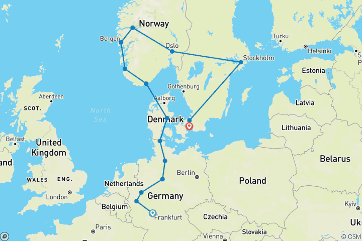 Karte von Blick auf Europa - Ende Kopenhagen (15 Destinationen)