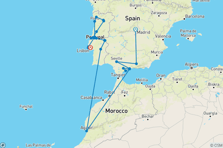 Kaart van Andalusië en Portugal volledig (26 bestemmingen)