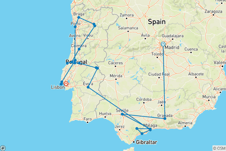 Kaart van Andalusië en Portugal volledig (25 bestemmingen)