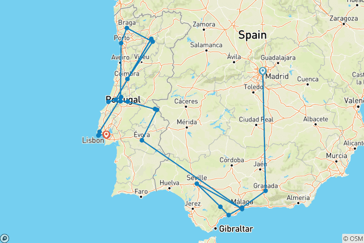 Map of Andalusia and Portugal completely (Without Alhambra) (24 destinations)