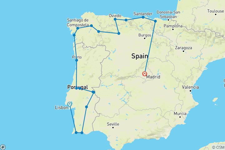 Carte du circuit Tout le Portugal et le nord de l'Espagne (19 destinations)