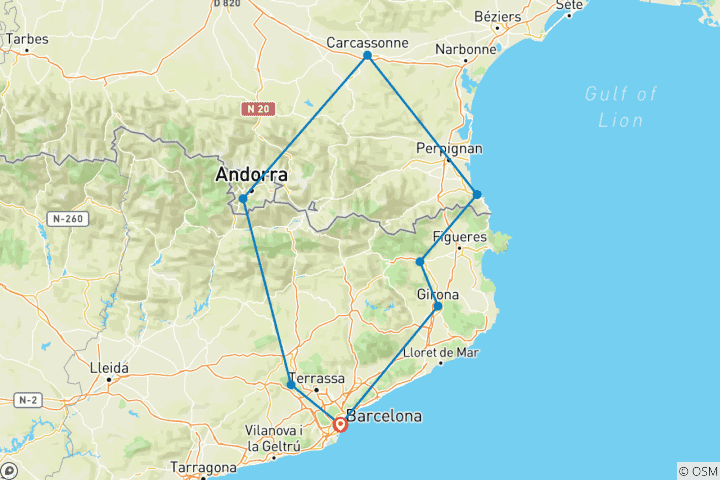 Map of Catalonia, South of France and Andorra (8 destinations)