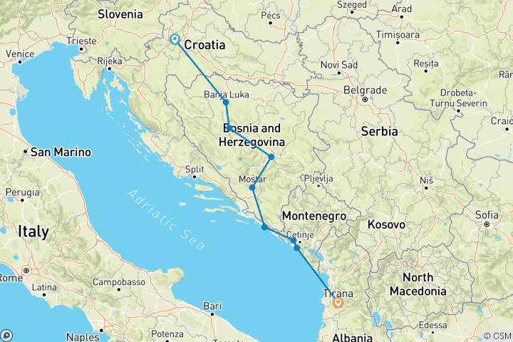 Carte du circuit Rêves balkaniques et Albanie (including Banja Luka)