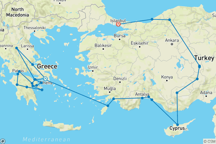 Mapa de Grecia completa y Turquía asombrosa (35 destinations)