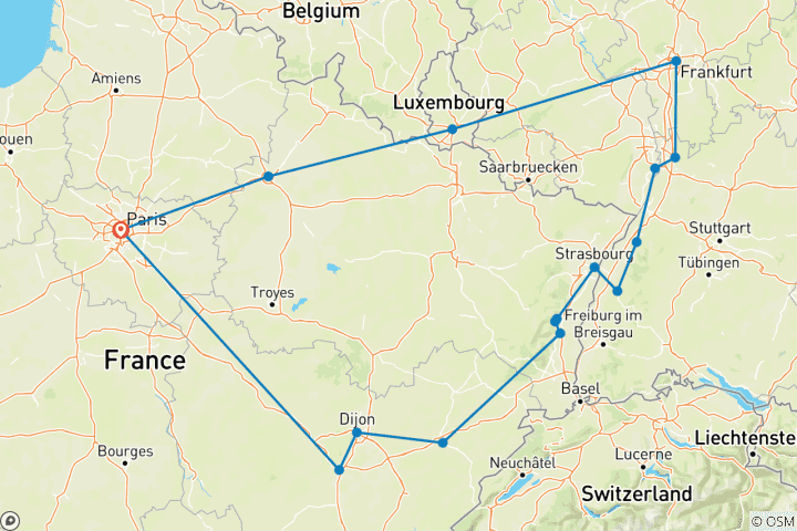 Map of Burgundy, Alsace and Black Forest End Paris