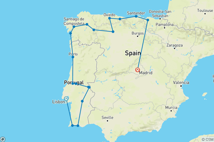 Map of Complete Portugal and Northern Spain (19 destinations)