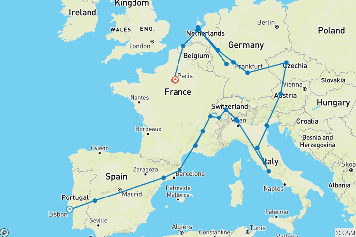 Mapa de Contraste de Europa al acaba en París (59 destinations)