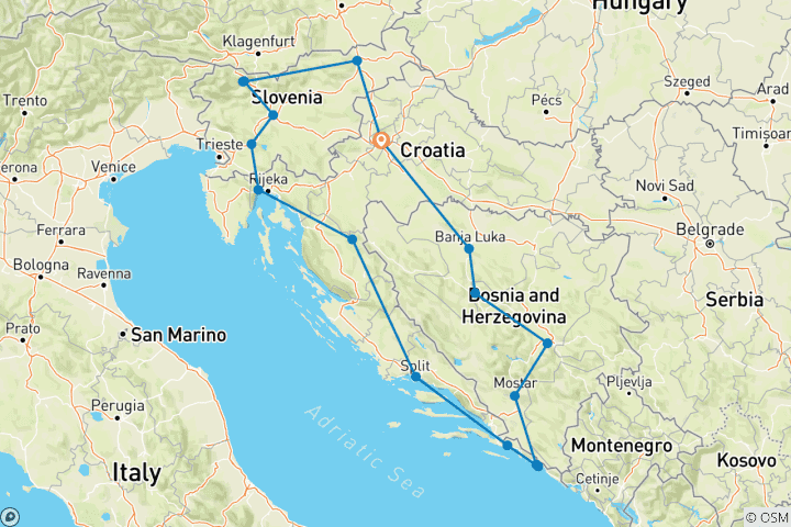 Map of Croatia, Bosnia and Slovenia (17 destinations)