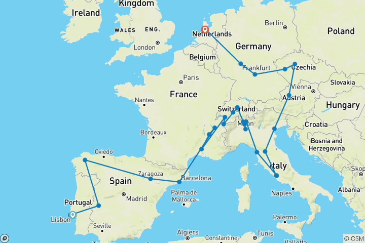 Carte du circuit Contrastes de l'Europe (56 destinations)