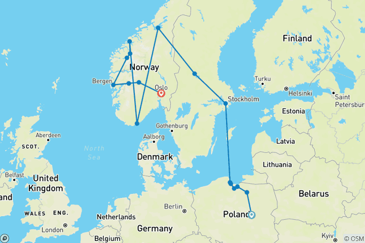 Kaart van Fantastisch Polen & de fjorden – eindpunt Oslo