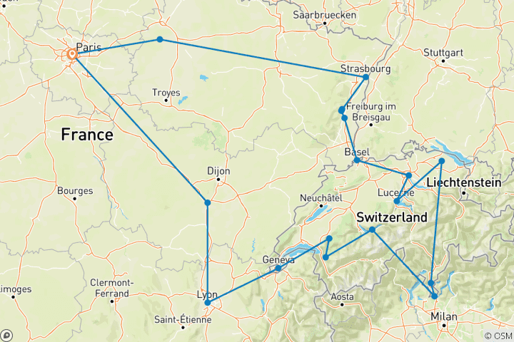 Map of France and Switzerland with enchanted Alsace