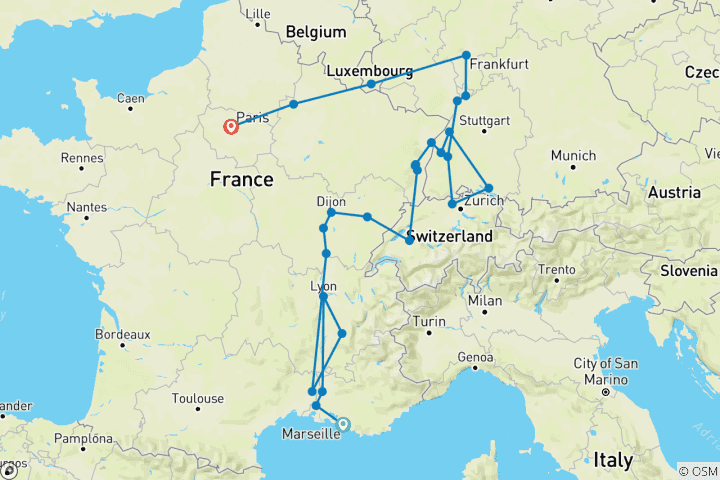 Carte du circuit Côte d'Azur, Bourgogne, Alsace et Forêt Noire (26 destinations)