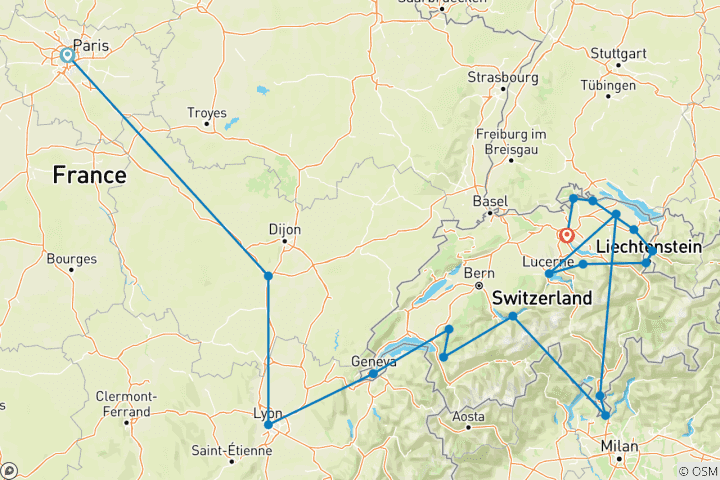 Karte von Frankreich und Schweizer Alpen (18 Destinationen)