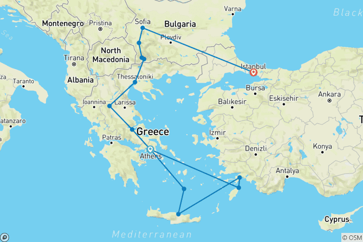 Karte von Griechenland, Bulgarien und Istanbul (14 Destinationen)