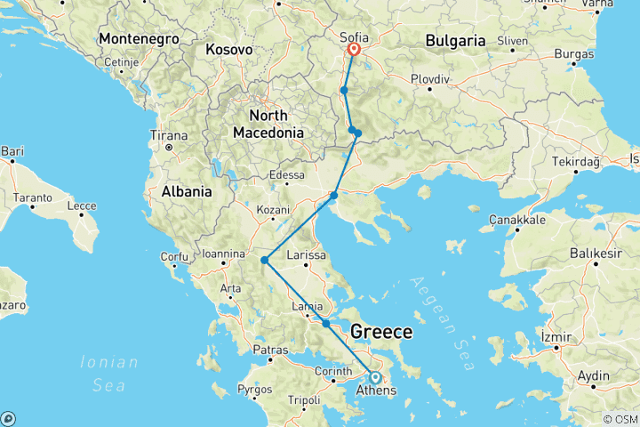 Map of From Athens to Sofia (8 destinations)