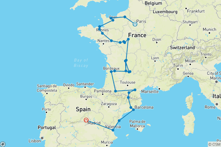 Mapa de Francia y España (28 destinations)