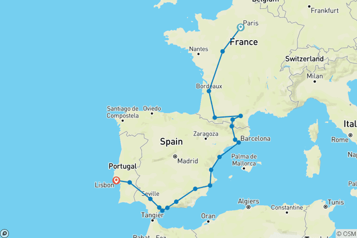 Map of France, Spain and Portugal (20 destinations)