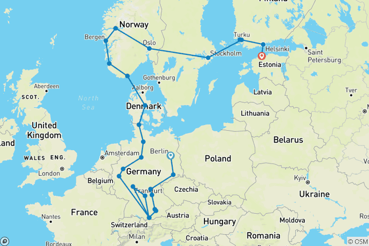 Carte du circuit Nord de l'Europe (26 destinations)