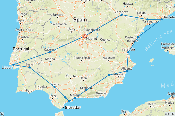 Map of Great Iberian Route (17 destinations)