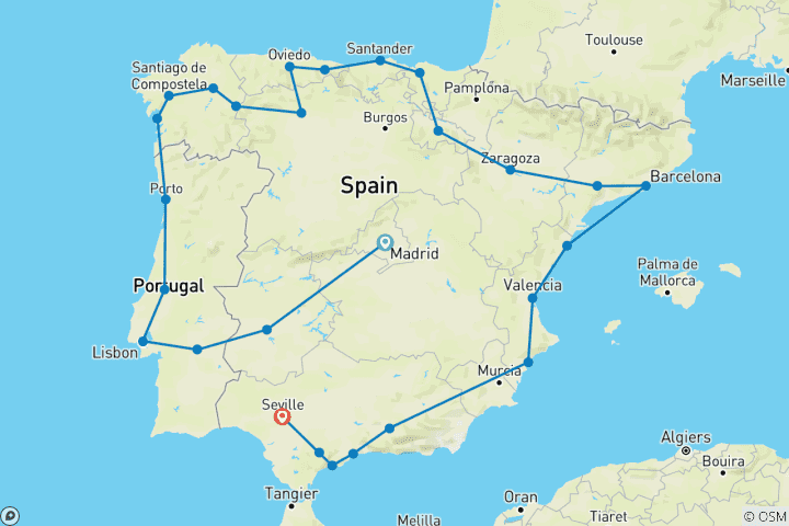 Mapa de Gran circuito ibérico acaba en Sevilla (27 destinations)