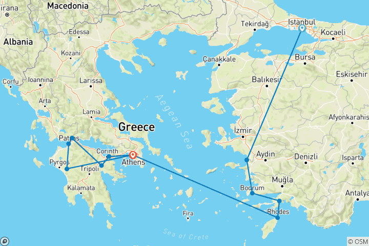 Karte von Griechisch-türkische Passion, Rhodos und Peloponnes Ende Athen (12 Destinationen)