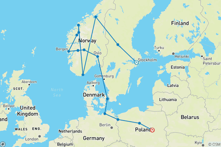 Mapa de Fiordos legendarios y norte de Polonia - Fin en Varsovia