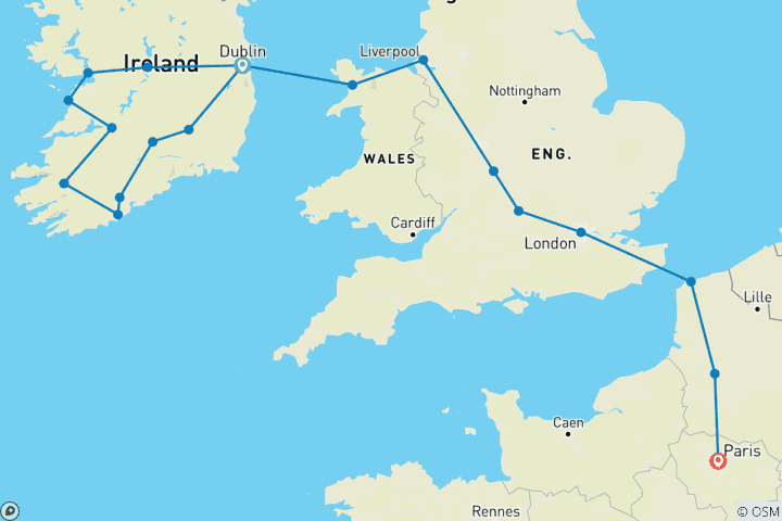 Carte du circuit Irlande, Royaume- Uni et Paris