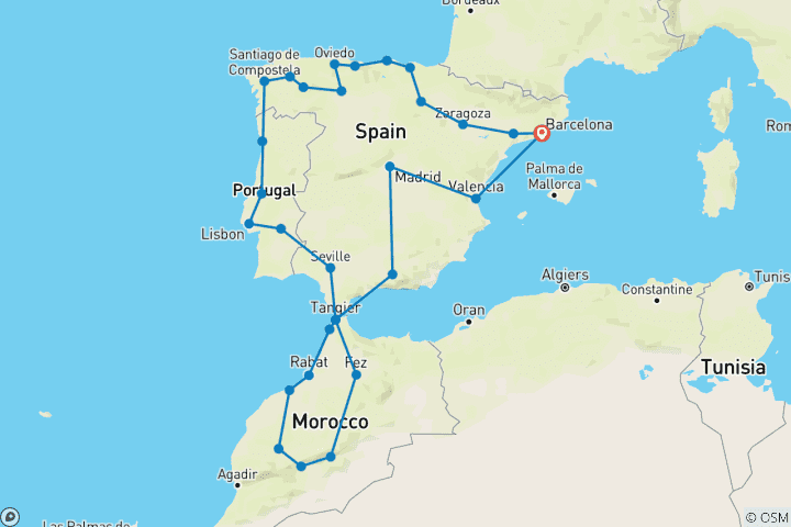 Mapa de El Gran Circuito a España, Marruecos y Portugal (35 destinations)