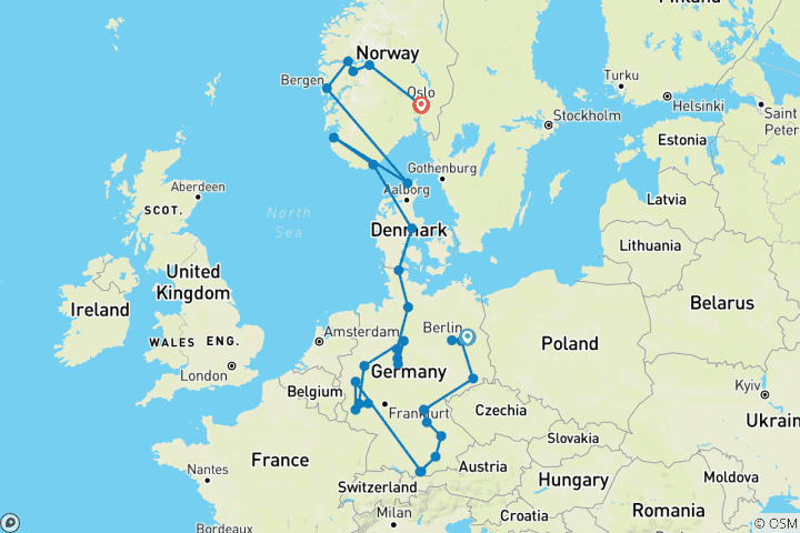 Map of Germany and Norway (33 destinations)