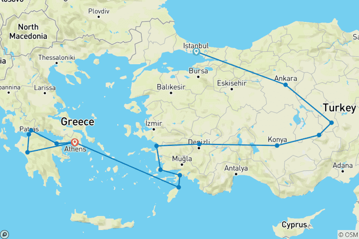 Karte von Türkei, Rhodos und Peloponnes bis Athen (16 Destinationen)