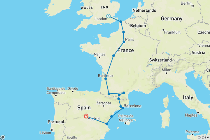 Map of London to Madrid