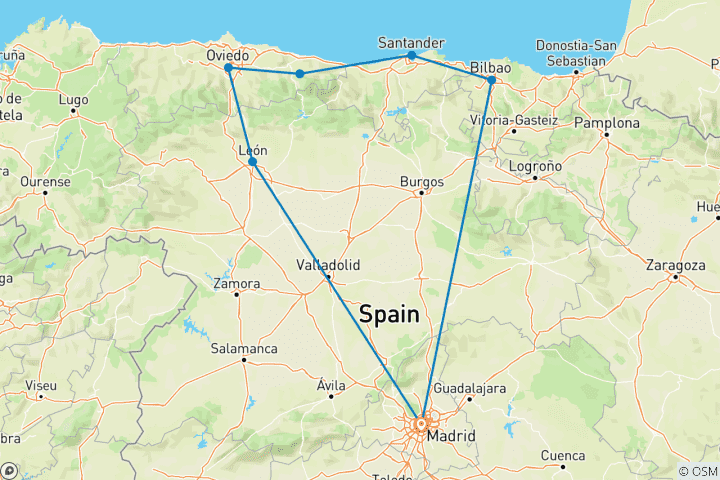 Map of Madrid and North of Spain (7 destinations)