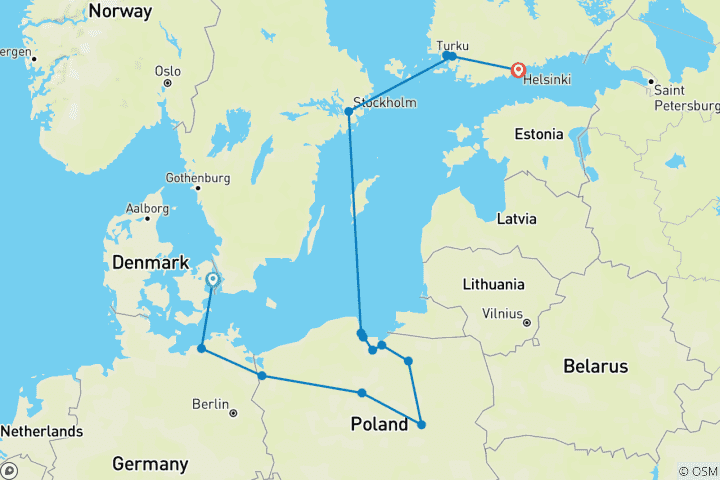 Kaart van Scandinavische parels & Polen – eindpunt Helsinki (14 bestemmingen)