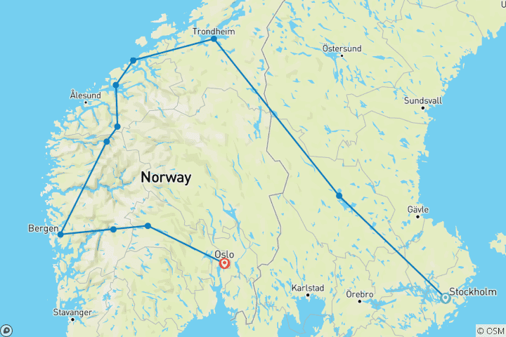 Carte du circuit Fjords légendaires - Fin à Oslo