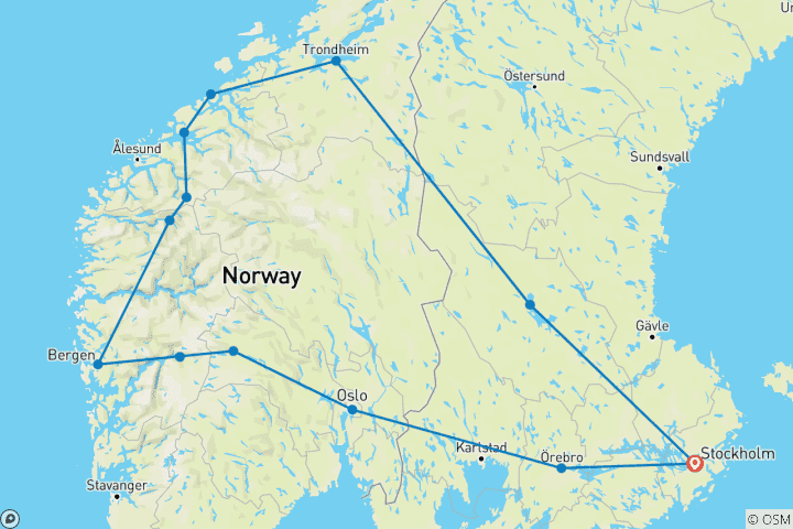 Map of Legendary Fjords End Stockholm (including Kristiansund)