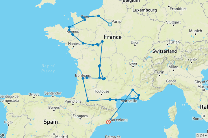 Mapa de Normandía, toda Francia y Barcelona (26 destinations)