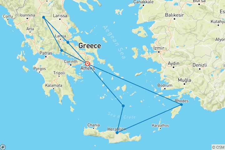 Kaart van Rhodos, Kreta & continentaal Griekenland (9 bestemmingen)