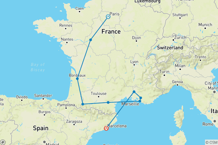 Map of Paris, Lourdes, Côte d Azur, Provence and Barcelona (9 destinations)