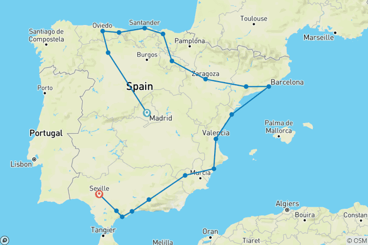 Map of Spain From North to South (19 destinations)