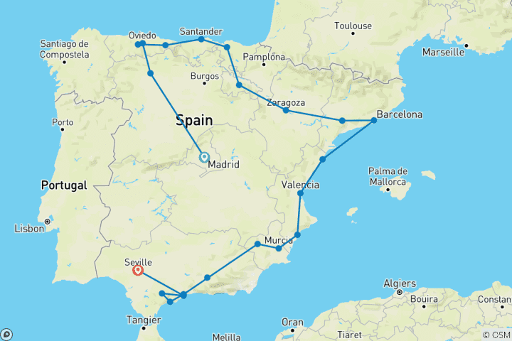 Mapa de España de norte a sur (22 destinations)