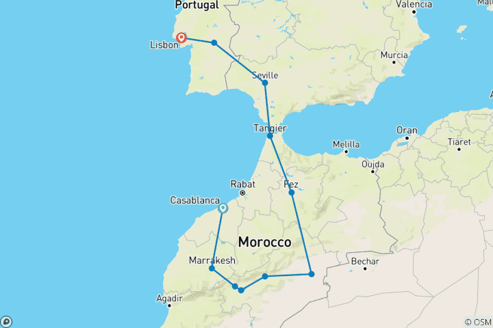 Carte du circuit Capitales marocaines, Séville et Lisbonne (11 destinations)